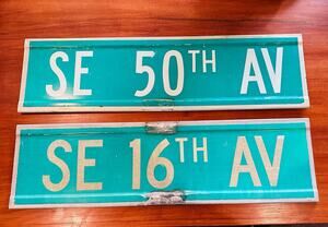 Metal Street Signs, SE 16th Av & SE 50th AV, Lot of 2 Green Metal Signs Artwork